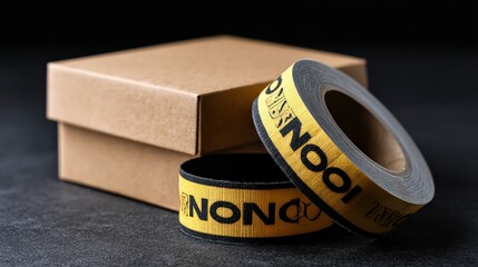 Stylish Yellow Non-adhesive Tape on Black Table with Brown Box