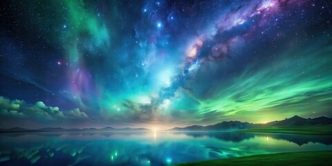 Obraz premium A serene and peaceful night scene with a surreal green sky that gradates into deep blues and purples , dreamy atmosphere, cosmos