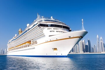 Large white cruise ship at sea near a city skyline under a clear blue sky
