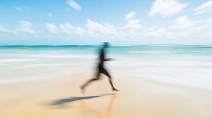 Runner on tropical beach, ocean background, active lifestyle, summer vacation