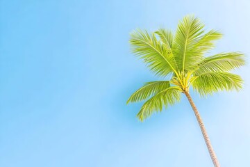 Obraz premium Low-angle view of a vibrant green palm tree against a clear, light-blue sky