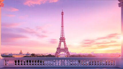 Serene sunrise view of iconic Parisian tower from elegant balcony