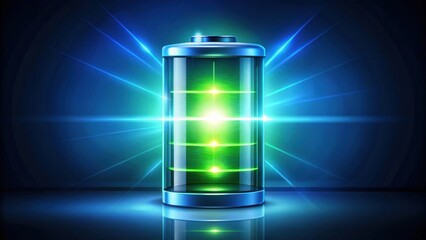 High-capacity battery with glowing green energy levels, illuminated by vibrant blue rays
