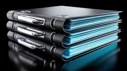 Three Sleek Black Binders with Blue Papers on a Reflective Surface