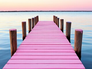 Fototapeta premium Pink wooden dock stretching over calm sea during pastel colored sunset with minimalist lines in high resolution ocean stock photo wallpaper