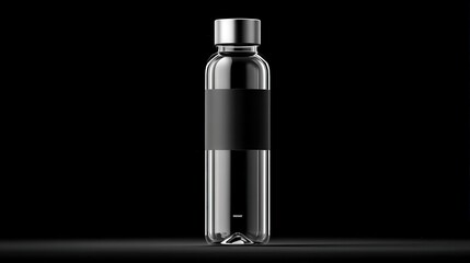 Transparent Water Bottle with Black Label on Dark Background