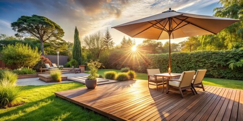Fototapeta premium Summer afternoon in a serene backyard with a wooden patio featuring outdoor seating and a stylish sun umbrella providing shade from the warm sunlight, relaxation, parasol