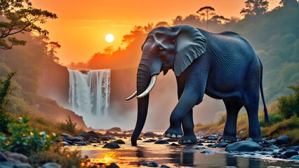 Elephant Walking Near a Waterfall at Sunset