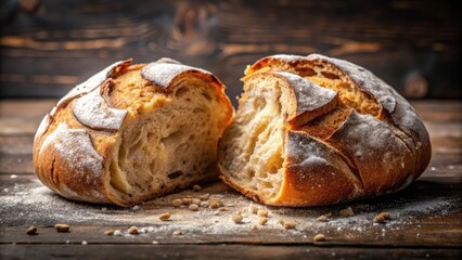 Freshly baked bread being torn apart with a crusty loaf breaking into fluffy interior