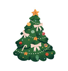 Christmas tree with garland, balls, ribbon bows, star. Decorated Xmas fir with festive ornaments. New Year firtree. Symbol of winter holiday. Flat isolated vector illustration on white background