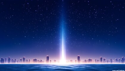 A bright beam of light shoots up from a city skyline reflected on calm water under a starry night sky