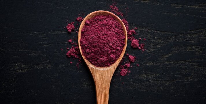 Deep crimson powder in a wooden spoon on a dark slate surface