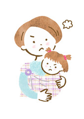 スリングで赤ちゃんを抱っこする怒った顔の母親の手描きイラスト