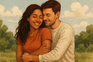 Happy Couple Embracing in a Serene Outdoor Illustration