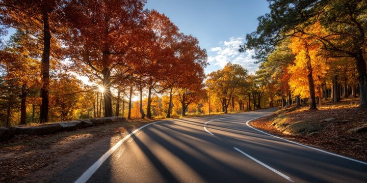 Autumn road winding through a colorful forest with light rays. Travel concept