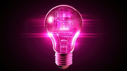 Futuristic technology concept: a glowing light bulb with a detailed electronic circuit board glowing inside, surrounded by light flares against a dark purple backdrop.