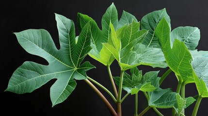 Vibrant Green Leaves of Papaya Plant Against Dark Background