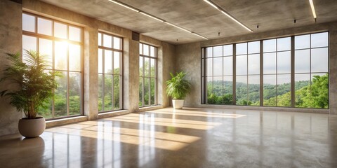 Fototapeta premium Sunlit Modern Room with Expansive Windows and Lush Greenery Views