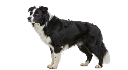 A stately Border Collie strikes a dignified pose against a stark black backdrop