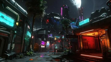 Futuristic city street at night, vibrant neon lights, and large spaceship - Powered by Adobe