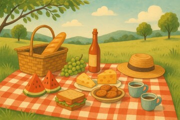 Fototapeta premium Delightful Illustrated Picnic Scene with Food and Drink Essentials