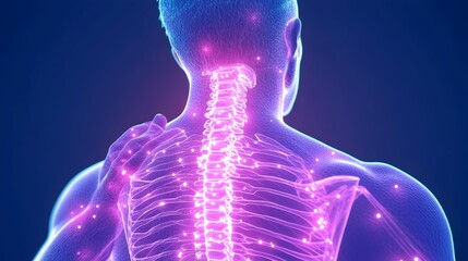 3D rendering of male upper body, highlighting spine and shoulder pain with glowing nerve points