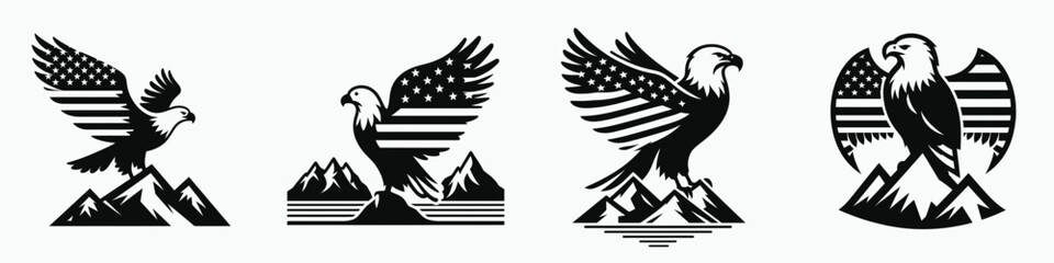 Bald eagle with American flag print on wings perched a minimal mountain range. 4th of july Independence Day patriotic Clipart. .