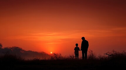  Silhouette of father and son holding hands against warm sunset sky, minimalistic and emotional composition with clean lines and artistic atmosphere, ideal for family and love concepts.