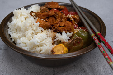 Korean vegetables and seitan stir fry served  with rice
