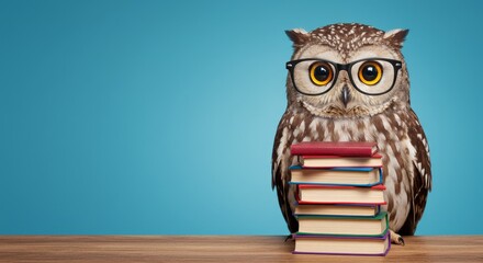Owl with Glasses and Books - Wise owl, spectacles, knowledge, education, learning; symbolizes wisdom, intelligence, scholarship, and academic success.