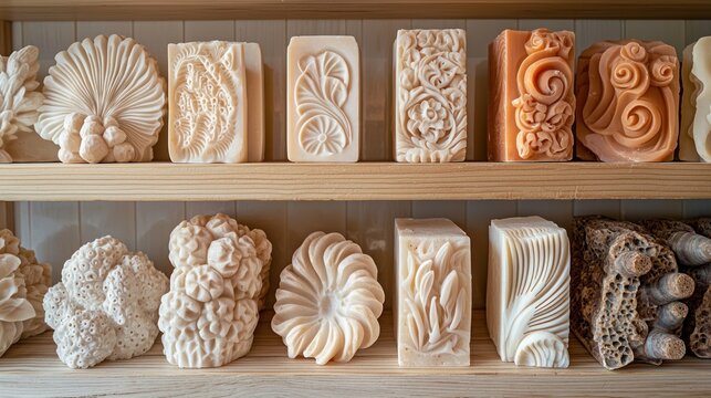 Exquisitely carved soaps displayed in boutique setting highlighting their detailed craftsmanship on natural wood shelves. Elegant soap designs. Concept of luxury skincare, personalized beauty products