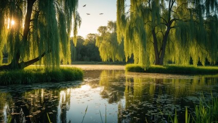 Obraz premium Willow Trees Reflecting in Calm Lake at Sunrise Serene Nature Scene