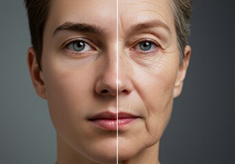 Aging Gracefully: A Before and After Portrait - Split face portrait showcasing the visible effects of aging on skin, wrinkles, and texture. Illustrates the natural process of time