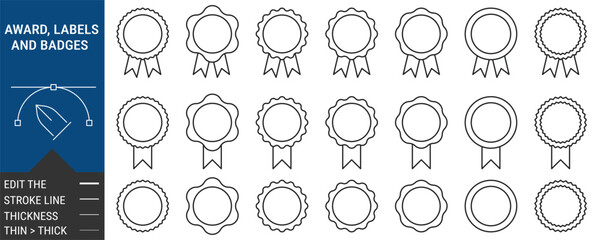 Award badges and certification labels set. editable stroke outline icons isolated on white background. vector illustration collection