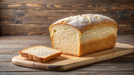 Soft and delicate rice flour gluten-free bread loaf on a wooden cutting board, kitchen ingredients, bread