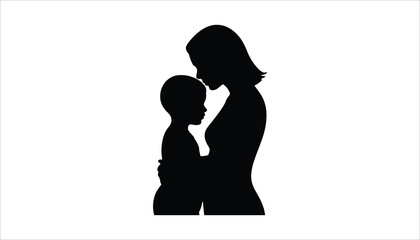 Mother And Child Love Silhouette Inside Heart With Leaves Vector Design