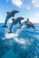 Fototapeta premium Playful Dolphins Jumping Over Crisp Ocean Waves Under Clear Sky