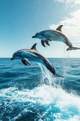 Obraz premium Playful Dolphins Leaping Above Blue Ocean Waves Under Clear Sky