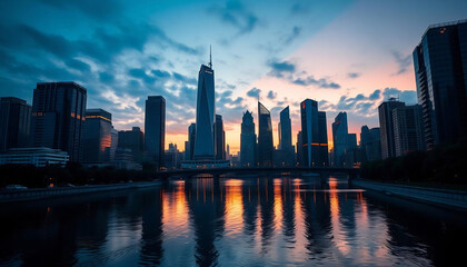 Obraz premium Urban Skyline at Dusk with Reflections