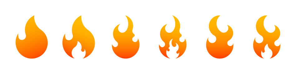 Fire icons set. Flame gradient orange red symbol. Collection of vector signs. The bonfire campfire logo. Different shapes. Isolated on a white background. Editable ones.