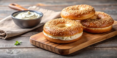 Freshly baked bagels with sesame seeds and cream cheese spread on a wooden cutting board , baking, topping