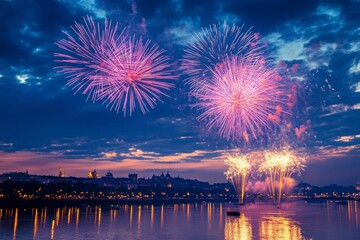 Fototapeta premium Colorful Fireworks Display Over Cityscape at Sunset Sky
