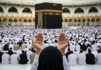 Muslims praying at the Kaaba in Mecca, Saudi Arabia, during Hajj pilgrimage. Hands raised in prayer towards the holy site.