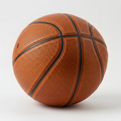 Obraz premium A close up shot of a textured brown basketball with black lines on a plain white background surface area