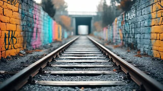 Perspective of railway tracks leading to tunnel with graffiti covered brick walls, conveying path forward, journey, industrial, urban, transportation