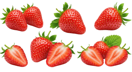 A juicy array of strawberries halved and whole pop against a stark black backdrop