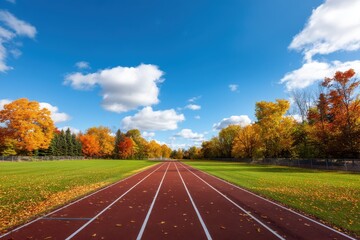 View of a running track with autumn trees and a bright blue sky above