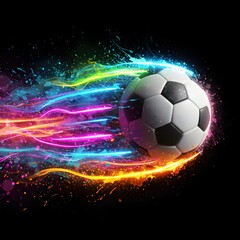 Naklejka premium A soccer ball with colorful light trails on a black background in a dynamic and artistic presentation