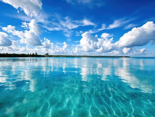 Fototapeta premium Turquoise water pool view with distant sea horizon and cloudy blue sky dreamy resort scenery clean nature concept of vacation leisure calmness minimal image 4k quality