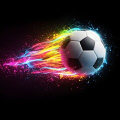 Fototapeta premium A soccer ball with colorful trails and splatter effects against a black background in a dynamic composition